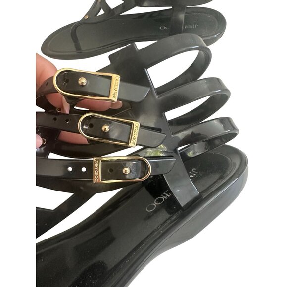 JIMMY CHOO Margot Black Gold Gladiator  Jelly Sandals size 37 / US 7 - Picture 9 of 11